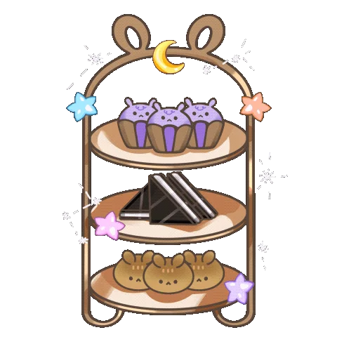 Bunny-eared cake stand holding purple cupcakes, chocolate sandwiches, and bunny pastries with colorful stars.